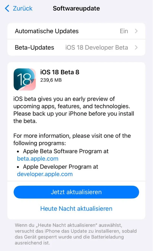 西丰苹果手机维修分享苹果 iOS / iPadOS 18 开发者预览版 Beta 8 发布 